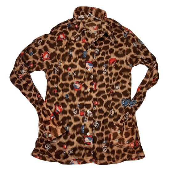 Vintage Tops - Vintage 70s Gaucho Original Animal Print Spread Collar Dress Shirt Womens Medium